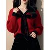 Women's Red Velvet Bow Tie High-End Pullover Sweater for Autumn/Winter 2025