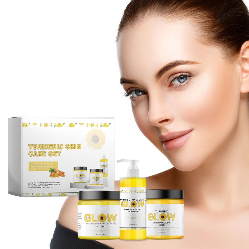 Turmeric Skin Care Set with 100g Face Scrub 100ml Facial Wash Brightening Firming Pimple Removal Hydrating Moisturizer