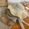 Women's Summer French Style Lace Bowknot Strapped Straw Hat Vacation Beach Sun Hat Wide Brim Sun Protection Hat for Seaside Trips