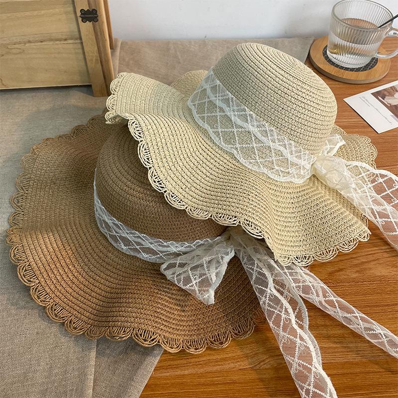 Women's Summer French Style Lace Bowknot Strapped Straw Hat Vacation Beach Sun Hat Wide Brim Sun Protection Hat for Seaside Trips