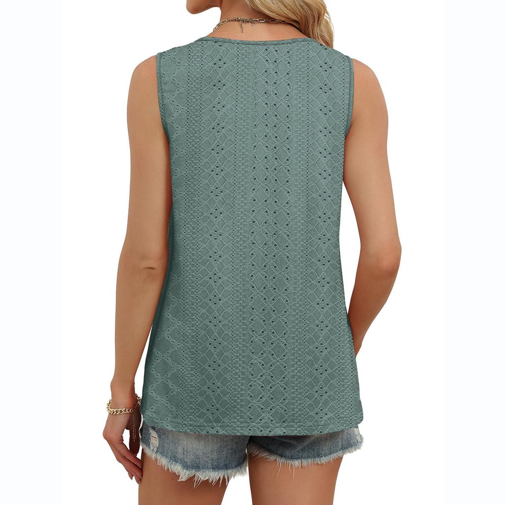 Women’s Knit Sleeveless Top Button Front V Neck Casual Loose Fit Crochet Patterned Tank Shirt for Summer