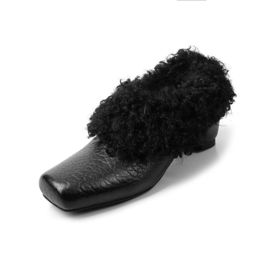 Sheepskin version high-end square head fluffy shoes women's genuine leather velvet warm cotton shoes thickened single shoes Mary Jane small leather