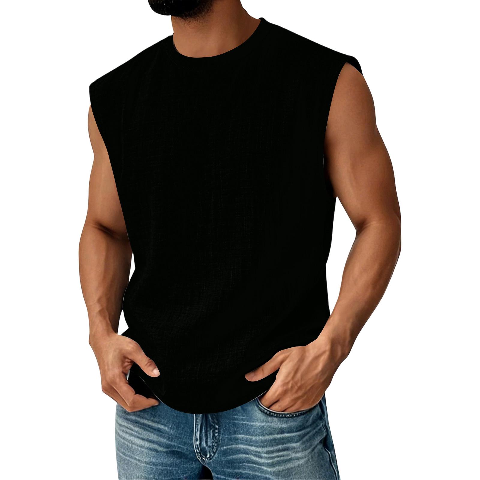 Men s Sleeveless Crew Neck Relaxed Fit Linen Tank Top Casual Lightweight Summer Shirt L чёрный