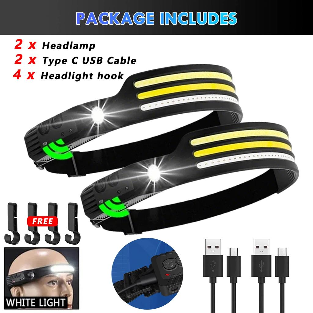 Sensor Headlamp LED Head Flashlight Rechargeable Headlight Head Torch Built-in Battery 5 Lighting Modes Fishing Camping Lantern