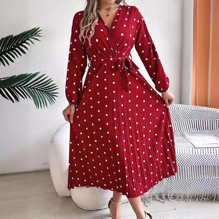 Women Long Sleeve A Line Long Dress High Waist Dot Pleated Autumn Winter Fashion