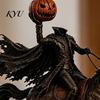 Gothic Style Resin Ornament Halloween Knight On Horseback with Luminous Pumpkin Head Figurine, Decorative Dark Room Decor Lighted Horse Statue