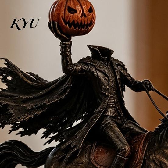 Gothic Style Resin Ornament Halloween Knight On Horseback with Luminous Pumpkin Head Figurine, Decorative Dark Room Decor Lighted Horse Statue