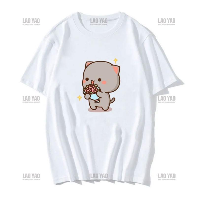 Słodka brzoskwiniowa kotka z kreskówkową parą nadrukowaną koszulką unisex szara wysłana kwiaty do brzoskwiniowej koszulki nowy styl miłośnicy ubrań casualowa koszulka