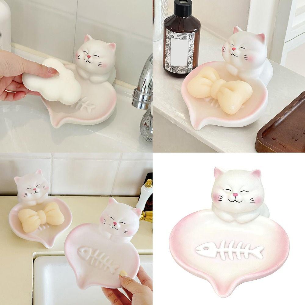 Pastel Pink White Cat Soap Dish With Drainage Soap Container Lucky Cat Soap Case  Household Use