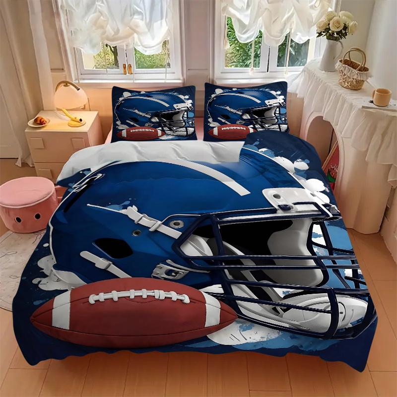 3pcs Blue Football Helmet Bedding Set, Including 1 Quilt Cover and 2 Pillow Shams, Without Filling, Soft and Comfortable Home Bedroom Fabric