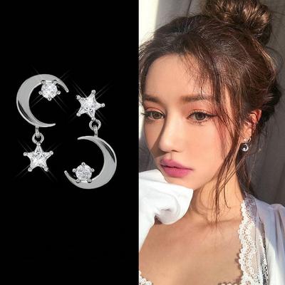 Simple Piercing Stud Earrings For Women Star Moon Zircon Asymmetry Earrings Girl Female Wedding Party Jewelry Gifts