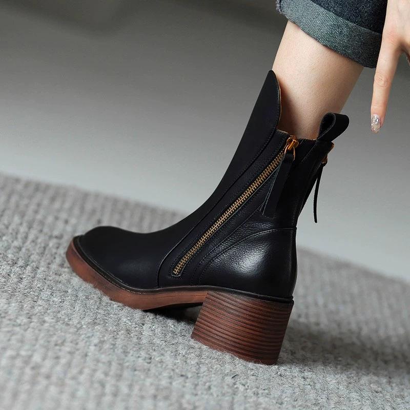 

23 осень новые толстые подошвы с круглым носком полированные ботинки Martin с двойной молнией женские толстые каблуки-буфы коричневые ретро короткие ботинки 40