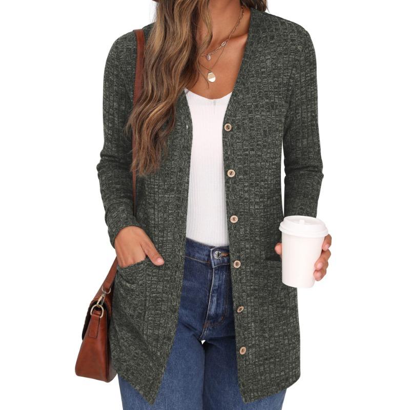 Autumn and Winter Solid Color Loose Long Sleeve Pocket Cardigan Jacket Women's New Style