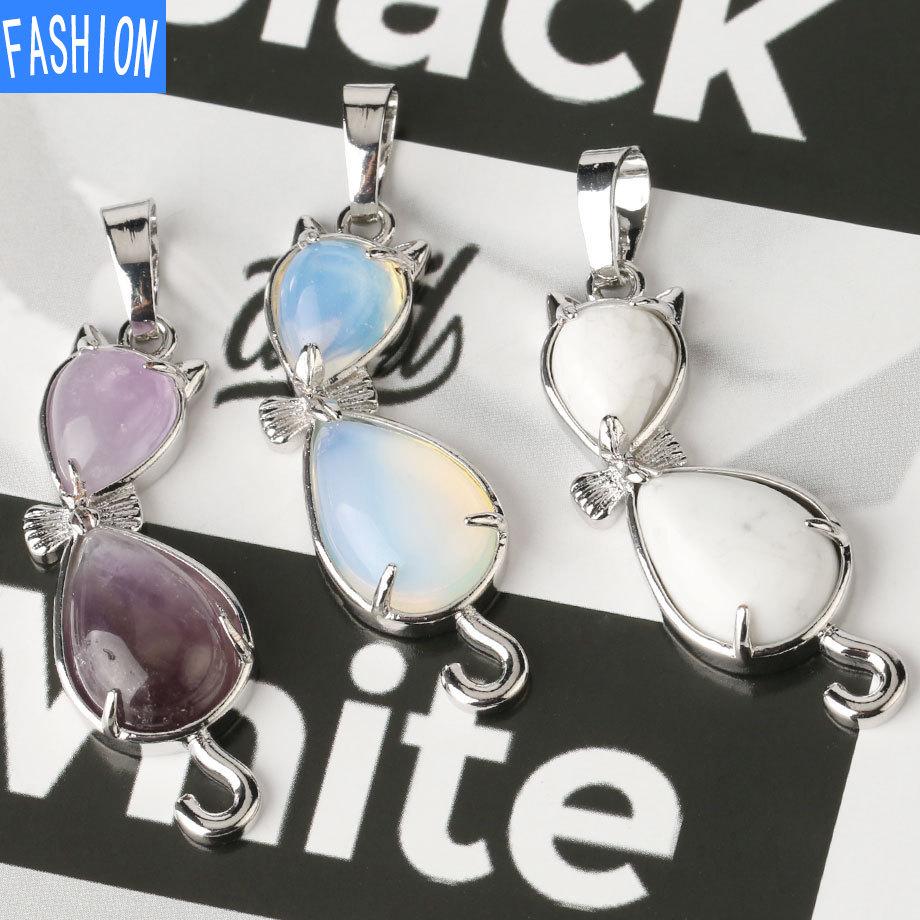 European And American Personality Amethyst Necklace Animal Cat Abstract Inlaid Natural Stone Pendant