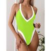 Damen Farbblock Kontrastbesatz Tiefes V Halter Einteiler Badeanzug Hoher Schnitt Schlank Bauchkontrolle Monokini Badeanzug