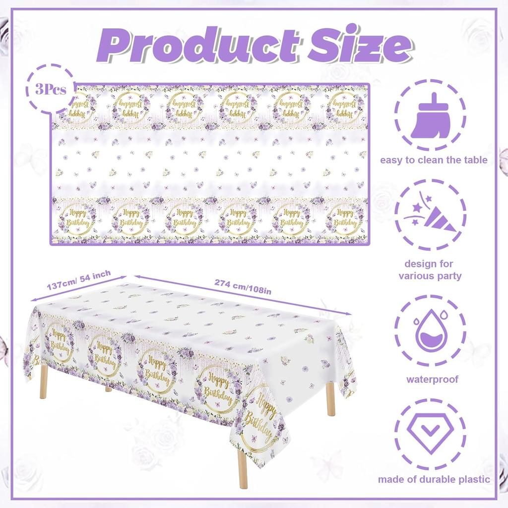 MEHOFOND 3pcs Purple Happy Birthday Tablecloths for Girls, 108x54“ Pastel Violet Floral Dripping Glitter Bday Disposable Table Cover,Spring Flowers