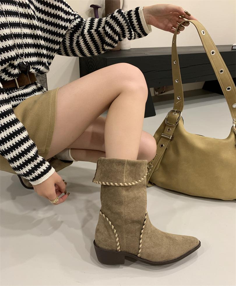 

~ Нишевые ботильоны на танкетке с острым носком и отворотами, ботильоны, ковбойские сапоги в западном стиле, женские 2025, средней высоты 39 хаки