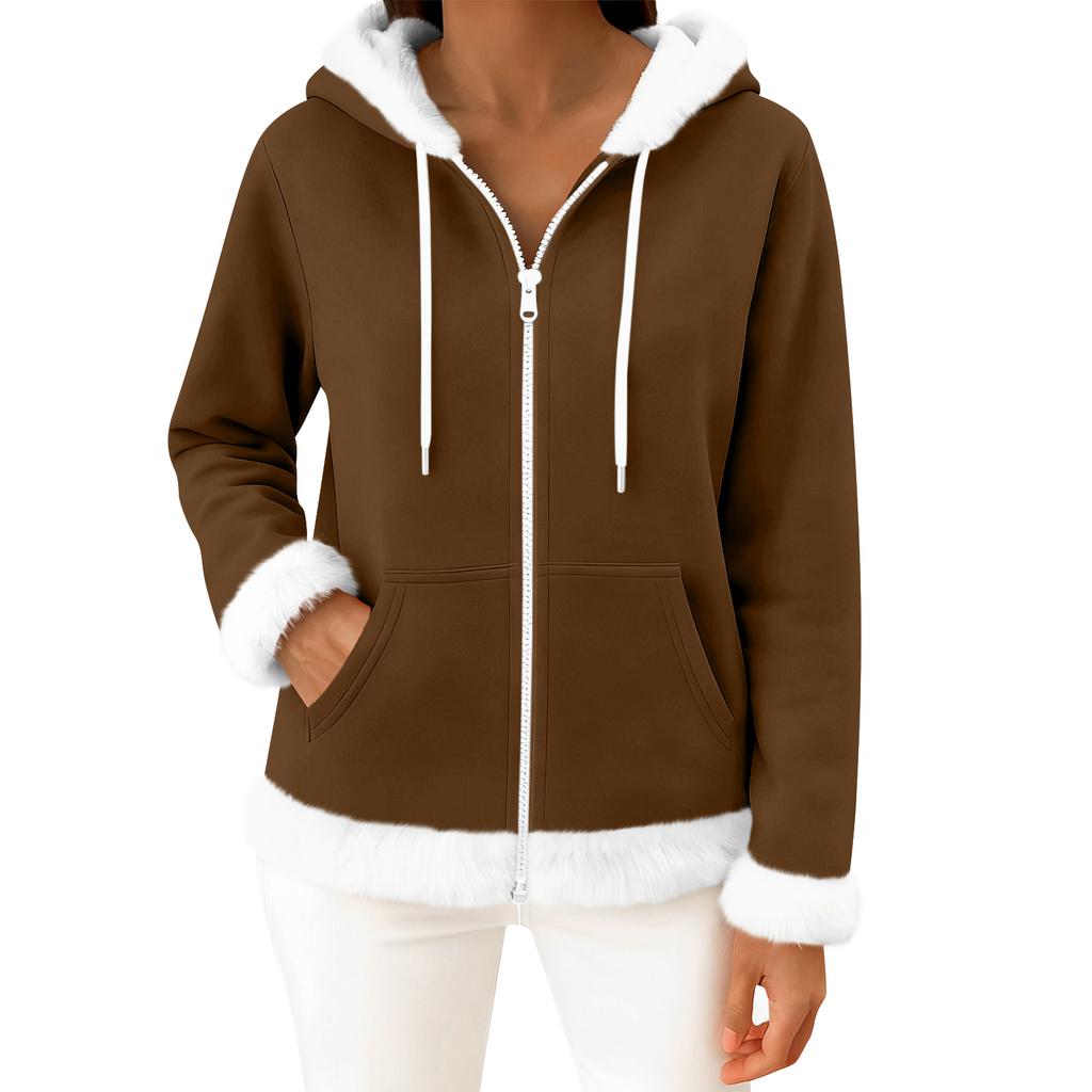 Moteriškas kasdienis madingas ilgomis rankovėmis užsegamas vilnos kardiganas su gobtuvu