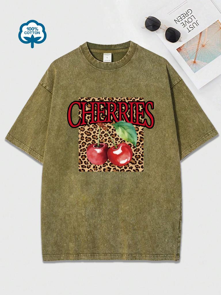 Kreatives Leopardenmuster Kirschen Fruchtmuster Gewaschenes T-Shirt Damen Lässig Baumwoll T-Shirts Hip Hop Weich Kurzarm Lockeres Oberteil
