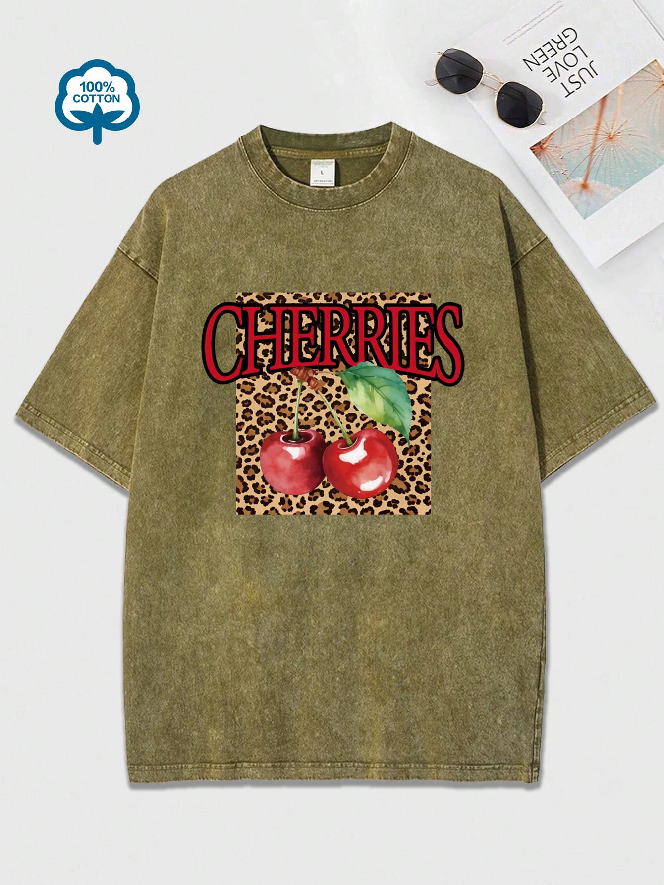

Creative Leopard Print Cherries Fruit Pattern Washed T-Shirt Women Casual Cotton T Shirts Hip Hop Soft Short Sleeve Loose Top L
