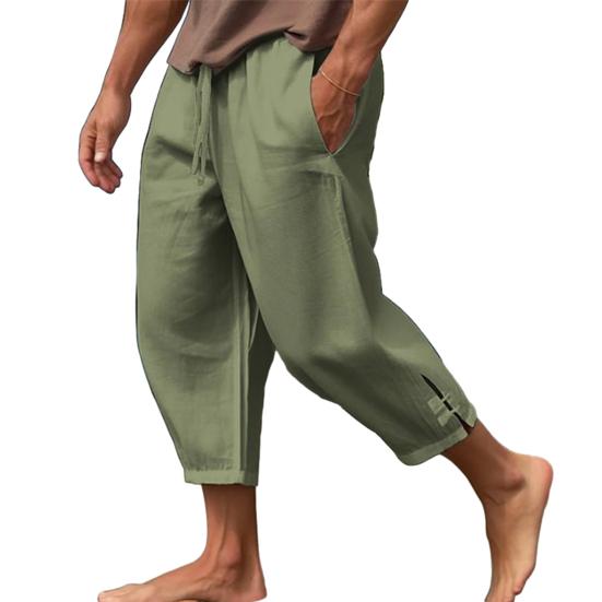 Men Cropped Pants Drawstring Elastic Waist Solid Color Loose Pockets Split Deep Crotch Soft Breathable Summer Vacation Beach Trousers