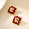 French Retro Personalized Small Fragrant Enamel Drip Glaze Geometric Square Stud Earrings Simple and Exquisite Commuter Daily Earrings
