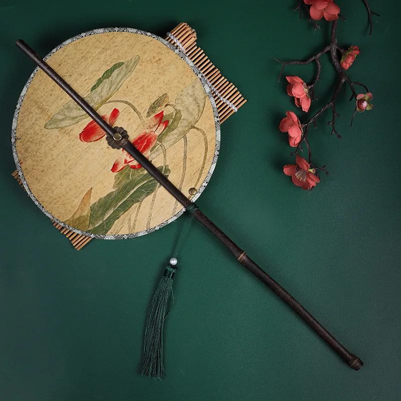 Chinese Style Purple Bamboo Long Handled Tassel with Curly and Winding Fan Hanging Waist Fan Ancient Style Group Fans