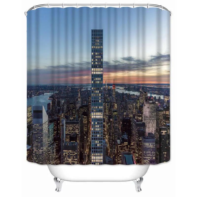 New York City Skyline Building Night View Shower Curtain Modern Bathroom Curtain Polyester Fabric Bath Curtain With Hooks