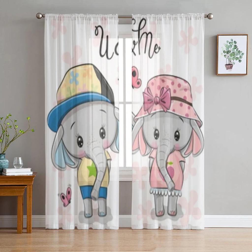 Cartoon Little Elephant With Star And Moon Sheer Curtains For Living Room Window Transparent Voile Tulle Curtain Bedroom Drapes