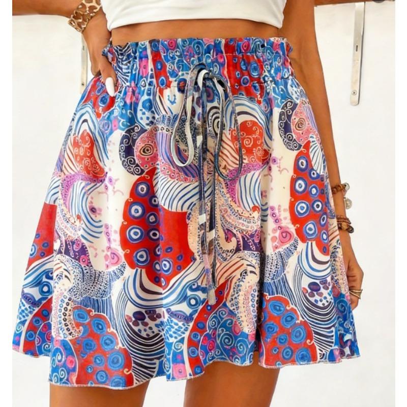 VEZFAA Women's Fashion Casual Colour Block Print High Waist Sport Shorts