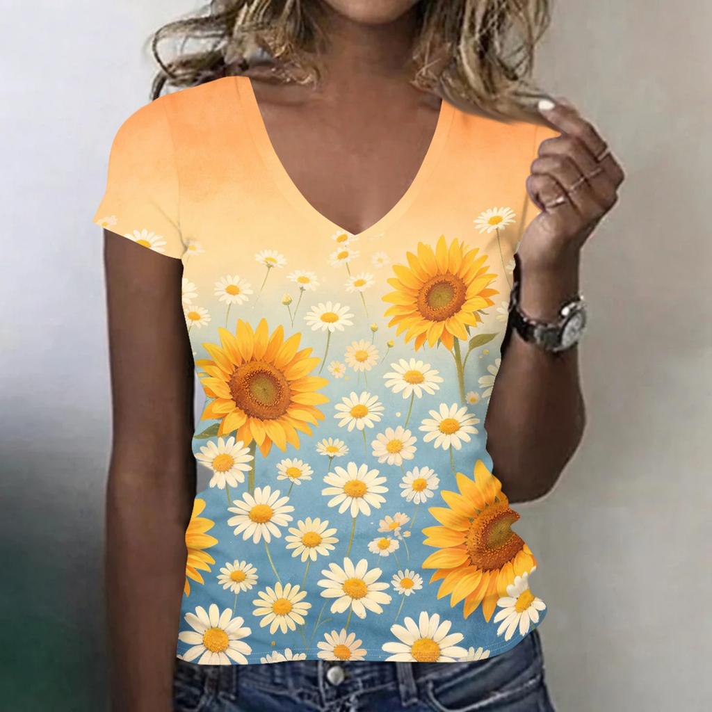 Women's Casual V Neck Short Sleeve Floral Print T Shirt Top Lightweight Breathable Summer Tee Shirt for Daily Wear