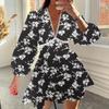 Spring New Women Sweet Printed V-Neck Lace Floral Skirt Long Sleeve Pleated Dress For Girls