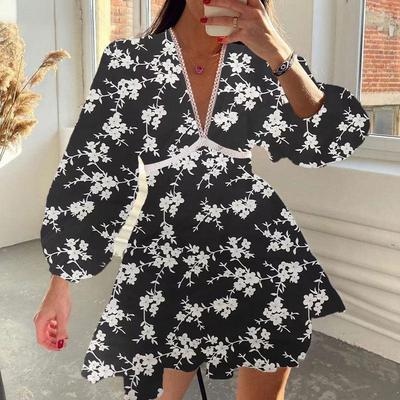Spring New Women Sweet Printed V-Neck Lace Floral Skirt Long Sleeve Pleated Dress For Girls