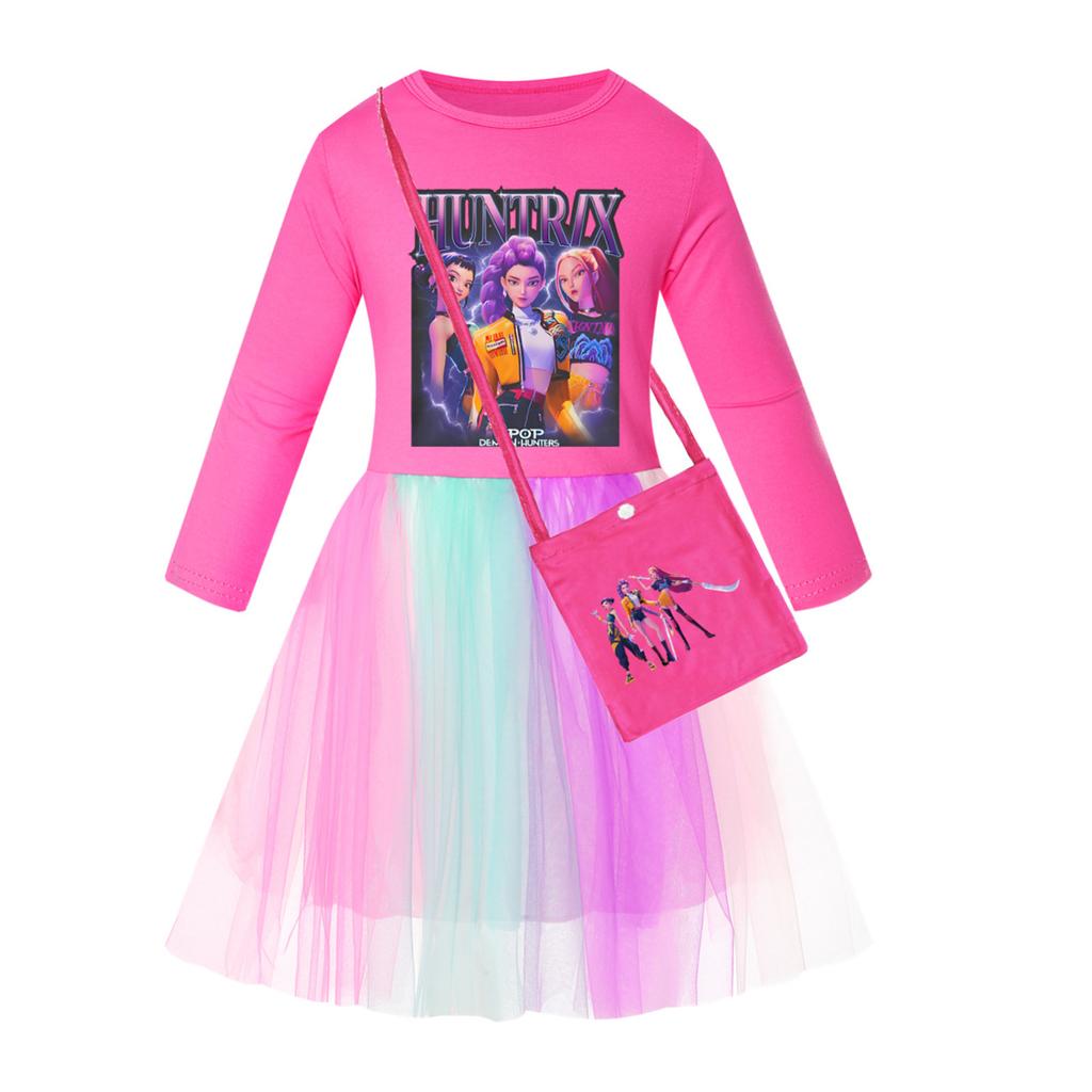 Girls' Star-Print Skirt Round-Neck Long-Sleeve Colorful Lace Patchwork Dress