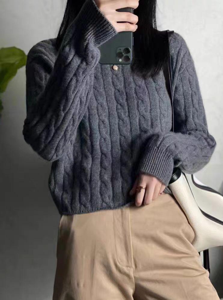 100% Pure Wool Cable Knit Sweater - Loose Fit, Thickened, Round Neck for Autumn/Winter