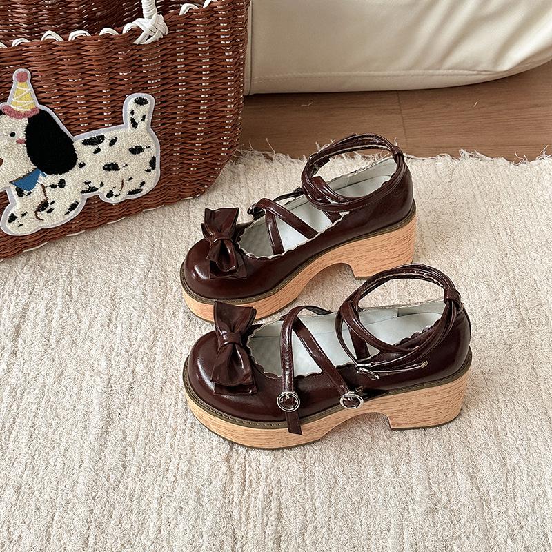 Cute bow Mary Jane shoes women's autumn design thick heel with skirt cross strap high heel single shoes tide