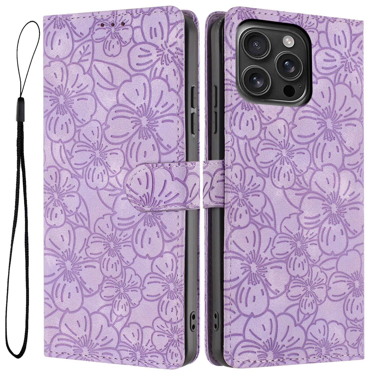 

For iPhone 16 Pro Flip Case Cherry Blossom Pattern Leather Wallet Stand Phone Cover with Wrist Strap
