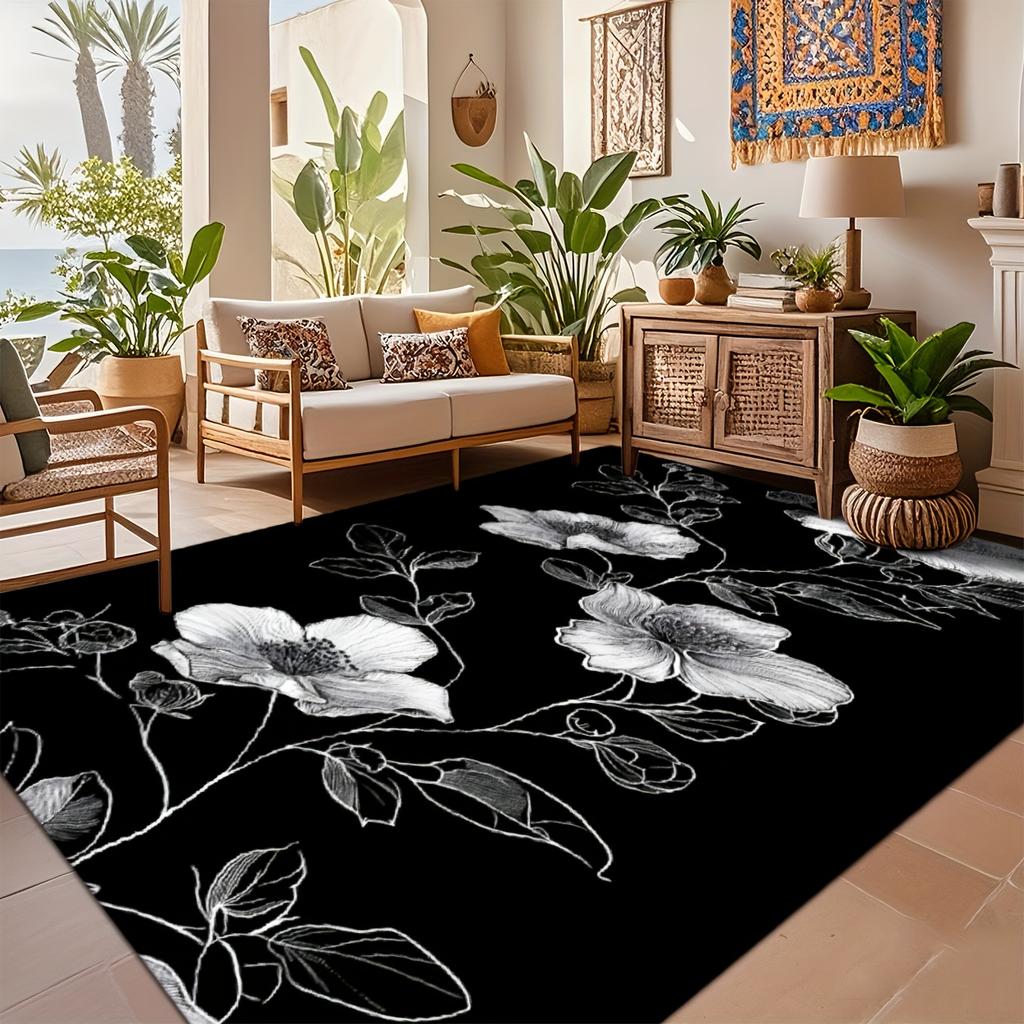 Luxury Black & White Floral Print Area Mat - Soft, Machine Washable, Bedroom, Outdoor, and More - Easy to Clean, Indoor/Outdoor Use
