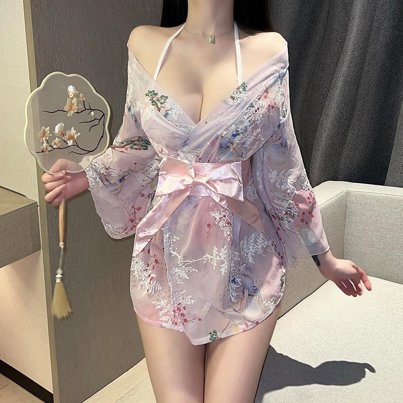 Sexy lingerie kimono bathrobe set uniform seduction print Japanese bow sexy Japanese pajamas new