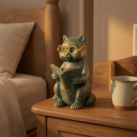 Reading Animal Figurine Retro Owl Rabbit Raccoon Reading Book Statue with Glow in The Dark Glasses for Bookshelf Desktop Home Decor