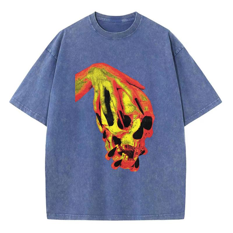 Street Style Skull Print Washed Denim Women's T-Shirt New Loose Crew Neck Short Sleeve Student Party Vintage Top