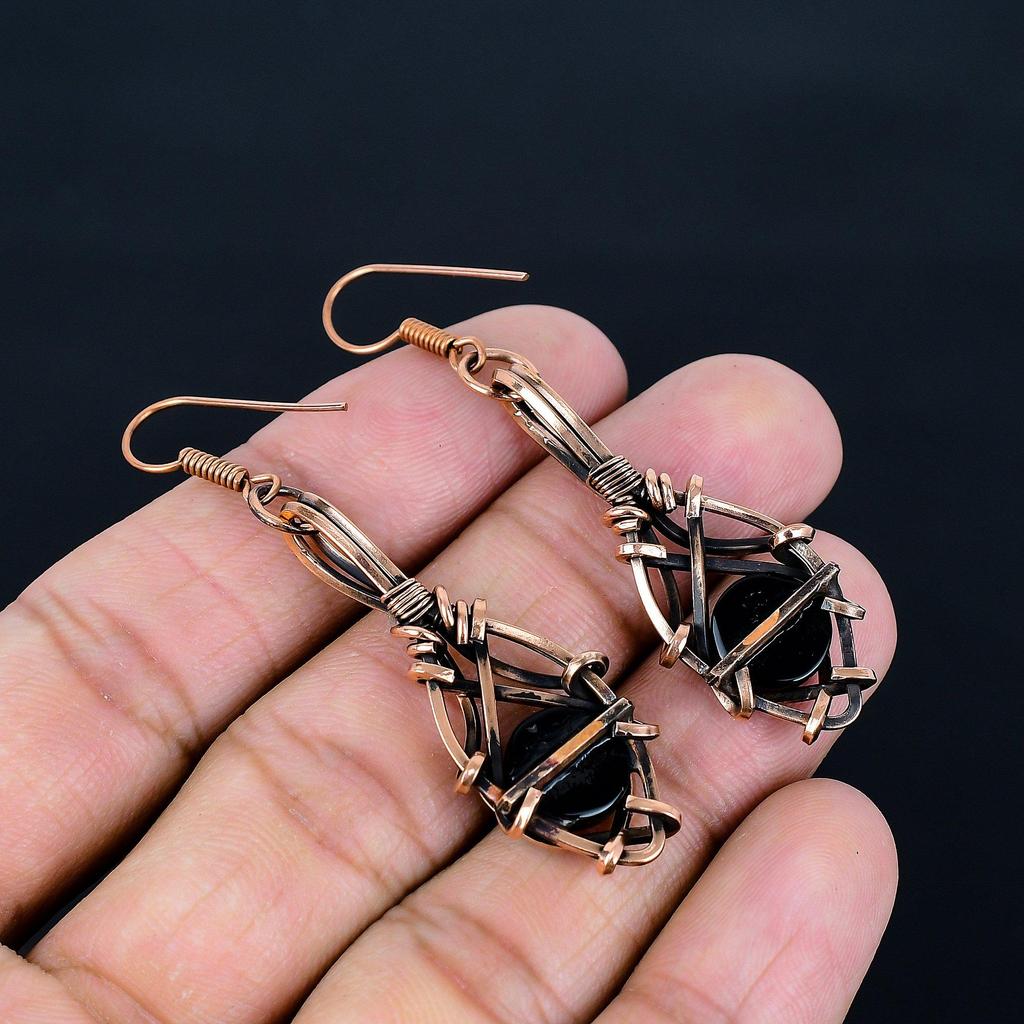Black Onyx 999 Copper Wire Wrapped Earrings, Handmade Gemstone Jewelry Earrings For Memorial Day