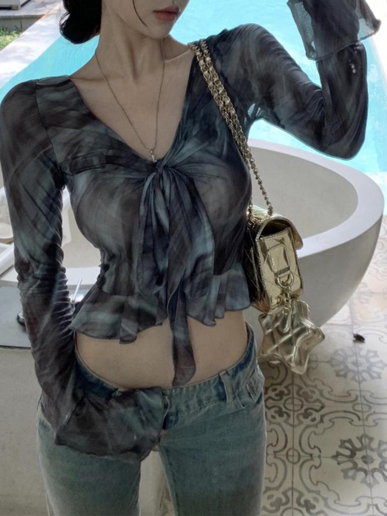 Women's Sexy Slim-Fit V-Neck Tie-Dye Mesh Long-Sleeve Top
