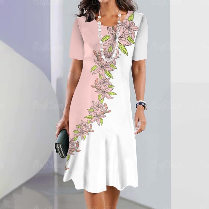 Neue Vintage Damenkleider mit Blumen-Patchwork-Print, elegantes, lässiges Kurzarmkleid Y2k, lockeres, übergroßes Modekleid 2023