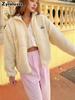 Casaco Puffer de Tricô Grosso para Primavera/Outono com Zíper, Moletom Casual Roly Poly de Lã para Mulheres