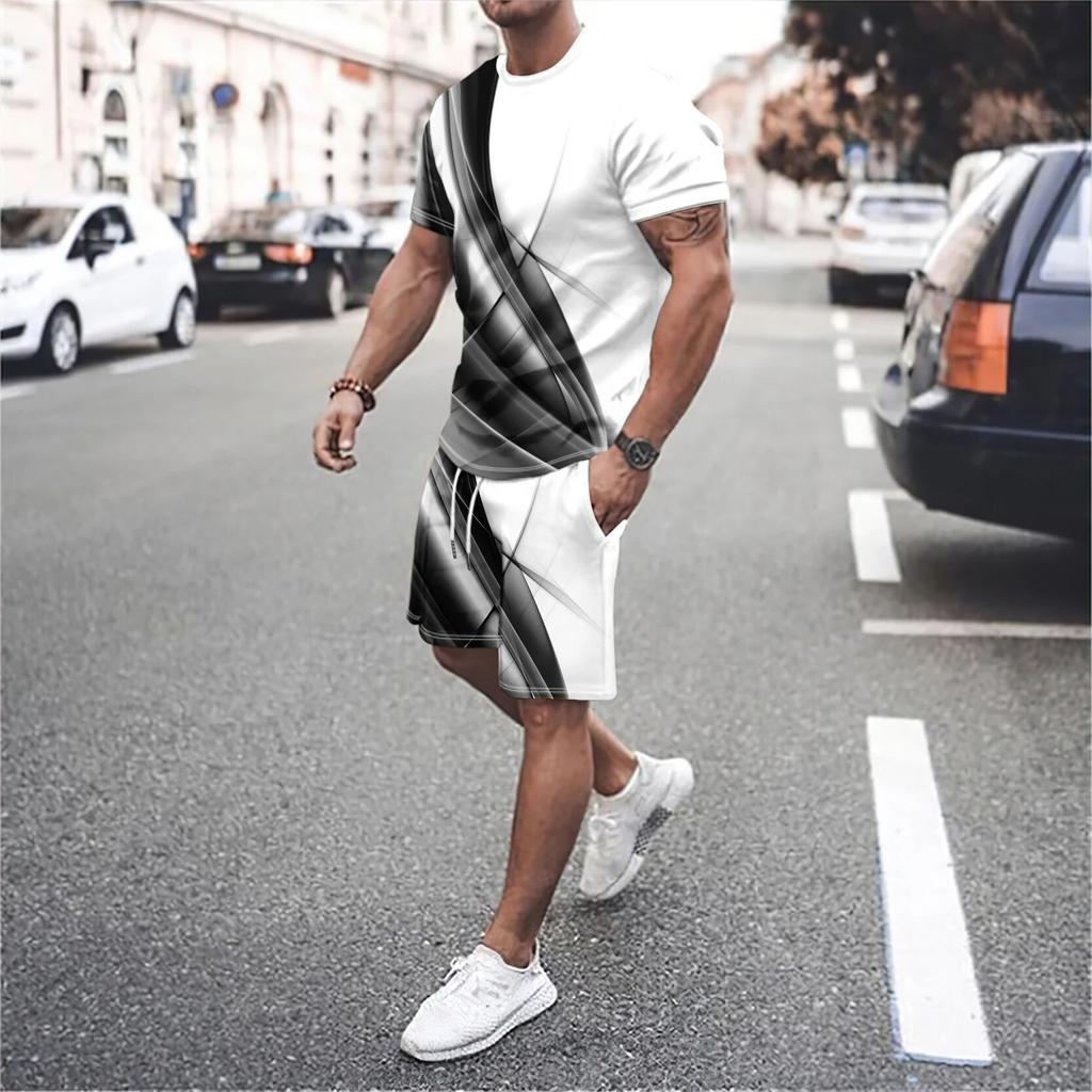 Abito stampato da uomo casual da uomo, maglietta oversize, pantaloncini da spiaggia, abbigliamento sportivo, scollo rotondo, abbigliamento sportivo, completo