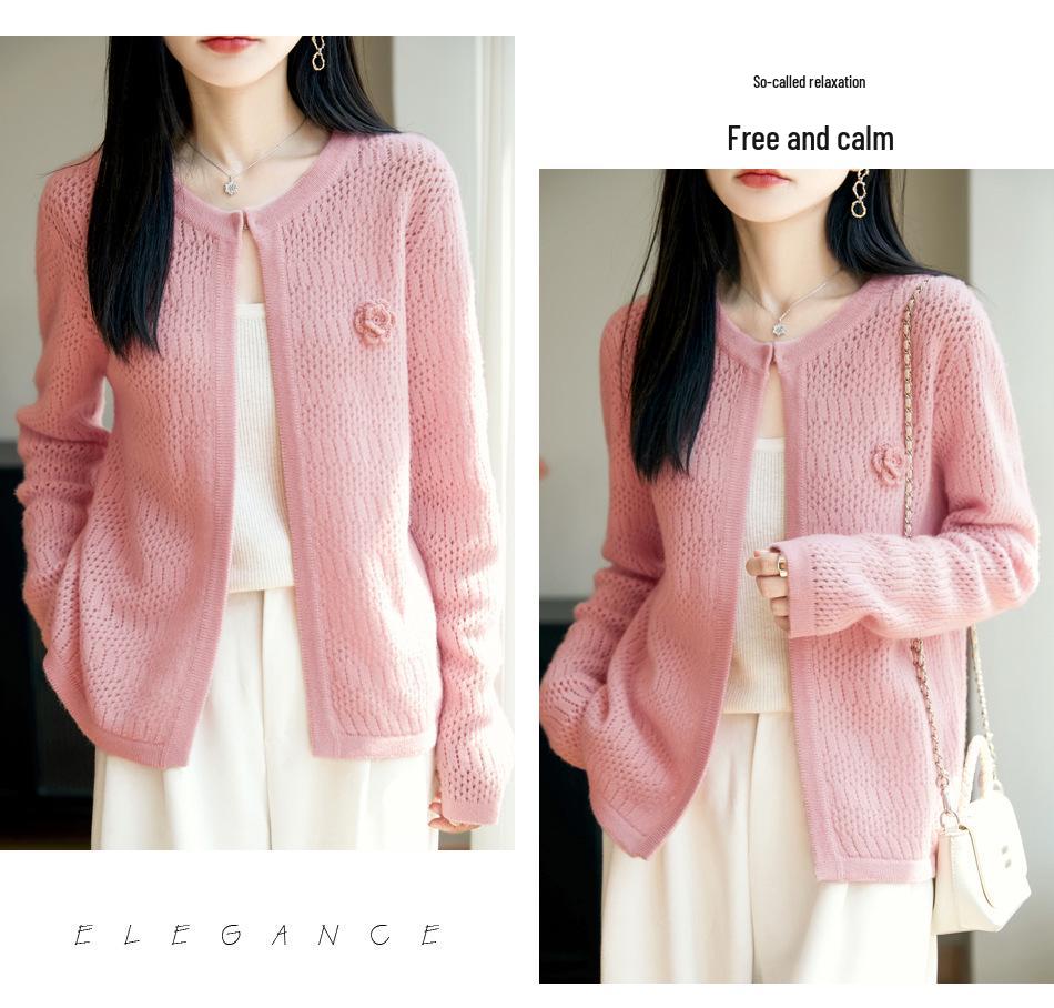 2025 Women's Round Neck Wool Shawl Cardigan: Hollow Out, Loose Fit, Versatile Long Sleeve Outerwear