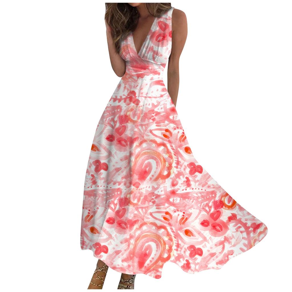 Women's Long Dress Maxi Dress Casual Dress Summer Casual Sleeveless V Neck Boho Waist Retraction Printed Dress