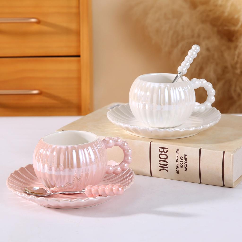 Light Luxury Creative Ceramic Coffee Cup Saucer Set Ins Pearlescent Glaze Ceramic Afternoon Tea Cup Saucer Set Cup with Spoon