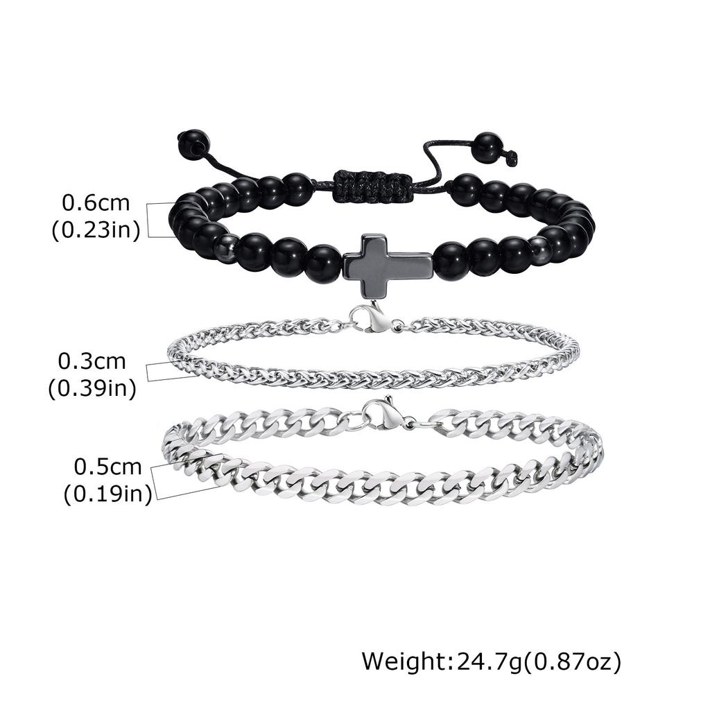 Vnox Men's Bracelet Set, Black Agate Stainless Steel Cuban Chain Wristbands, 3pcs/set Bracelets Jewelry Gifts for Men Father Son